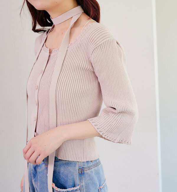  「【2WAY/4色展開】リブニットスクエアレースカーデ」|ニット・セーター|