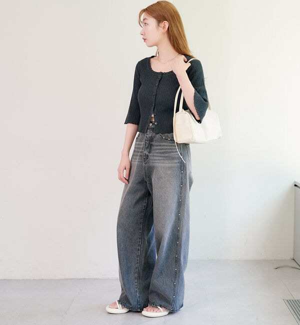  「【2WAY/4色展開】リブニットスクエアレースカーデ」|ニット・セーター|