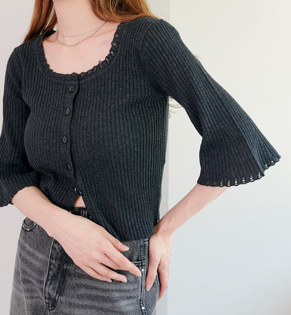  「【2WAY/4色展開】リブニットスクエアレースカーデ」|ニット・セーター|