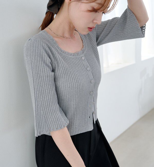  「【2WAY/4色展開】リブニットスクエアレースカーデ」|ニット・セーター|