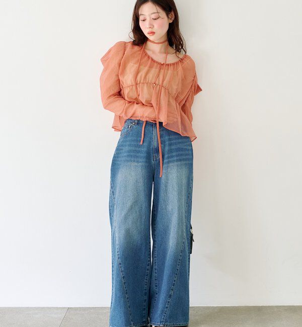  「【2サイズ展開/低身長サイズ/ウエスト調節可】カーブステッチデニム」|デニム|