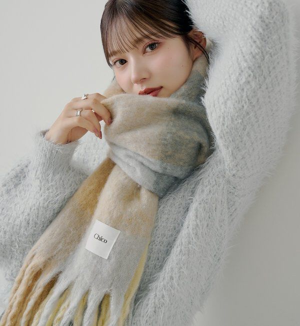  「ボリュームチェックストール/マフラー」|マフラー|ベージュ