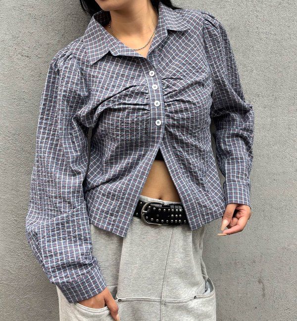  「パフスリーブギャザーブラウス」|シャツ・ブラウス|ネイビー