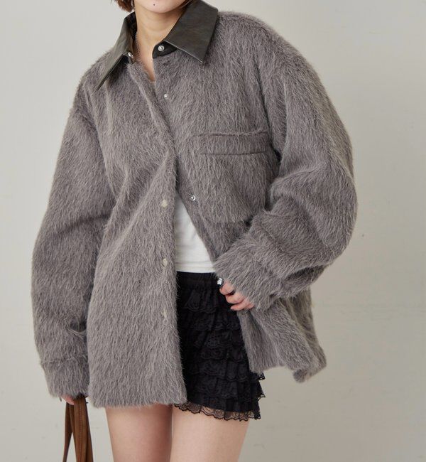  「襟切り替えシャギーシャツジャケット」|ブルゾン・スタジャン|グレー