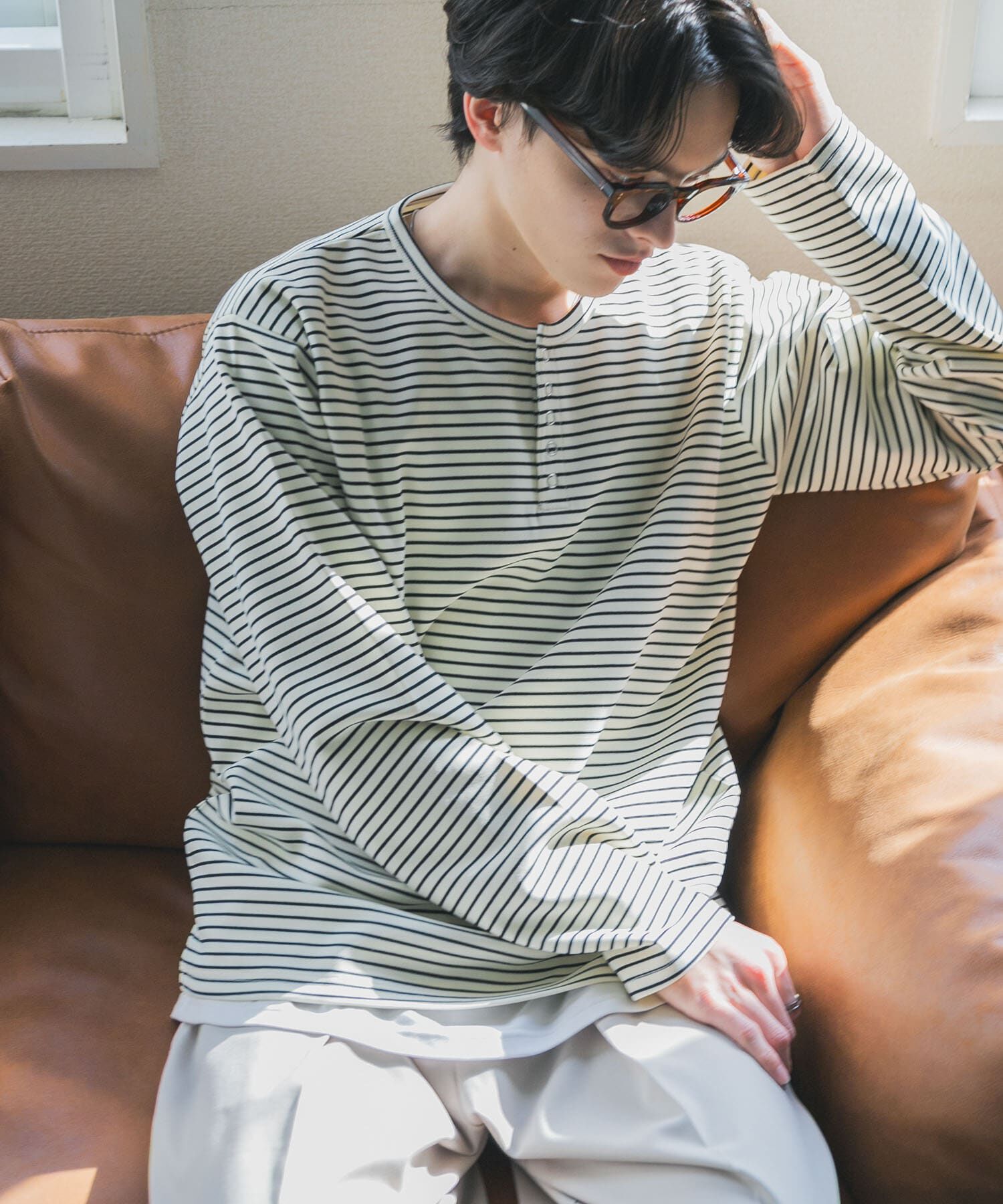 SENSE OF PLACE by URBAN RESEARCH「ボーダーヘンリーネックロングTシャツ」|Tシャツ・カットソー|