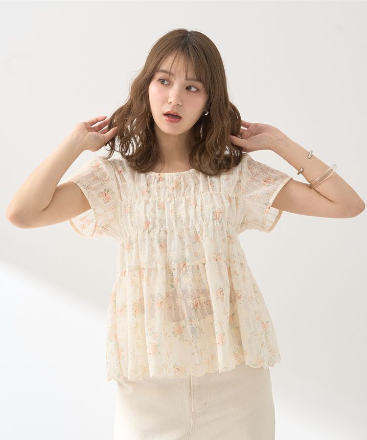 earth music&ecology「フラワープリント刺繍ブラウス」|シャツ・ブラウス|