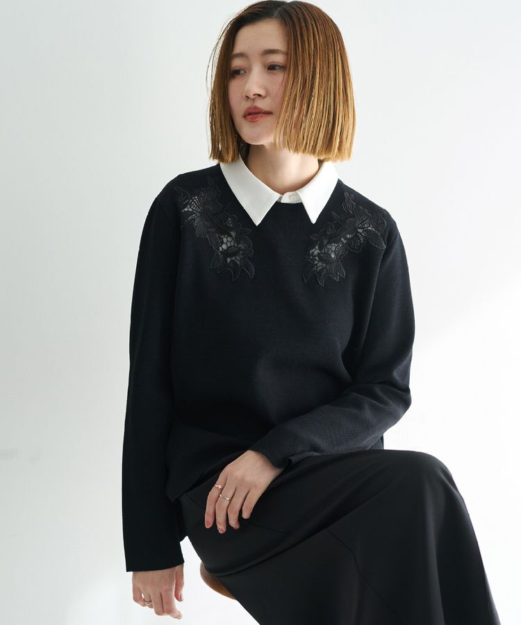 YECCA VECCA「2way襟付きレースニット」|ニット・セーター|Black