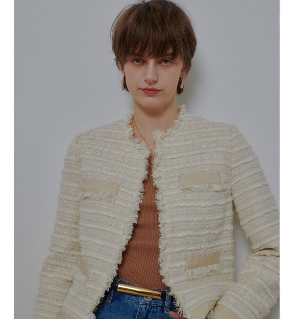 allureville「ジオリカツイードラウンドネックジャケット」|ノーカラージャケット|