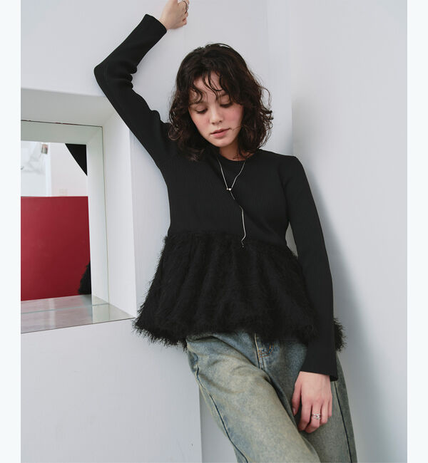 titivate「ドッキングペプラムニットトップス」|ニット・セーター|ブラック