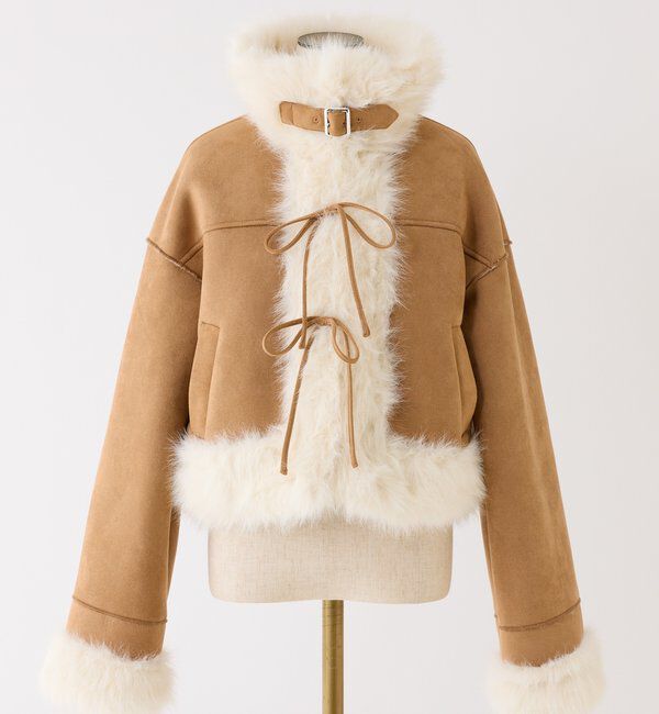  「【リボン取り外し可能】フェイクムートンリボンアウター」|ダウンベスト・ベスト|