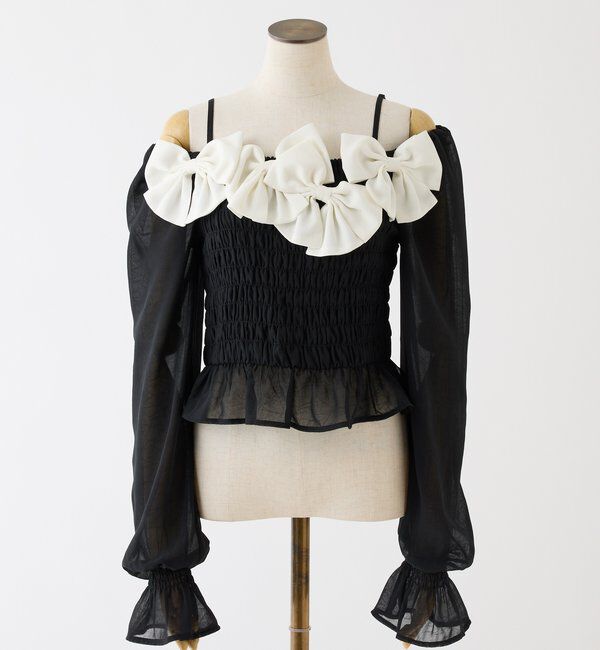  「シャーリングリボンブラウス」|シャツ・ブラウス|ブラック