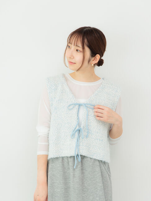 Te chichi TERRASSE「ポンポンヤーンニットショートベスト」|ダウンベスト・ベスト|ブルー