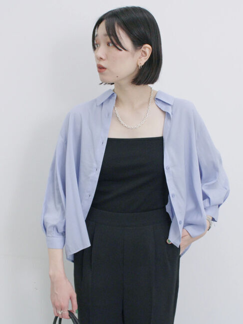 Samansa Mos2 blue「ショート丈シャーリングブラウス」|シャツ・ブラウス|