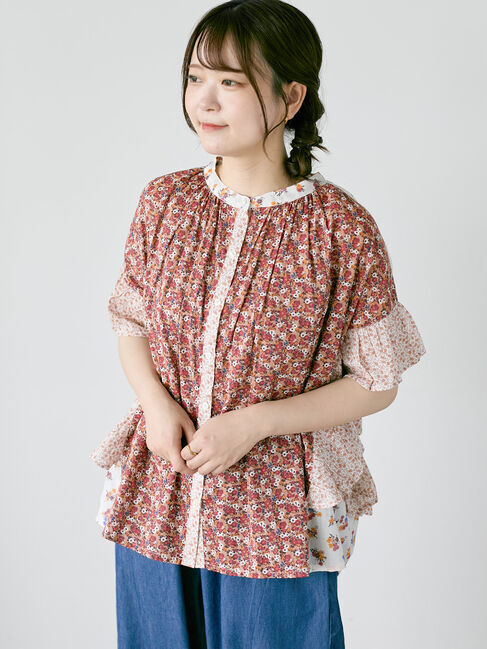 Samansa Mos2「インド柄アソート袖フリルブラウス」|シャツ・ブラウス|レッド