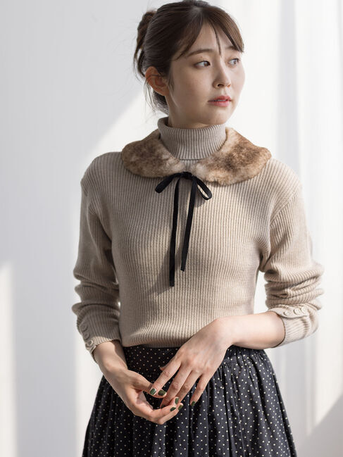 Samansa Mos2「【ゆべし&times;Samansa Mos2】ティペット付リブニット」|ニット・セーター|ベージュ