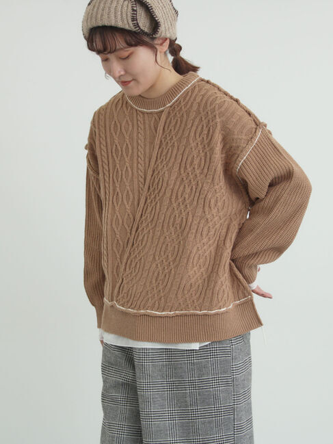 Samansa Mos2「ケーブルパッチワークステッチプルオーバー」|ニット・セーター|ベージュ