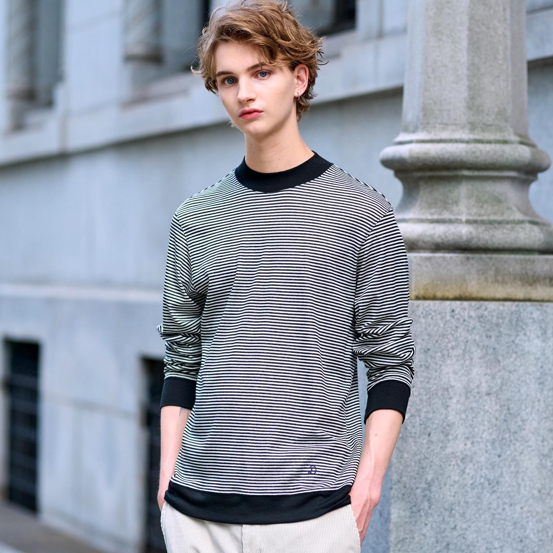 DRESSTERIOR「モックネック ボーダーカットソー」|Tシャツ・カットソー|ブラック(319)