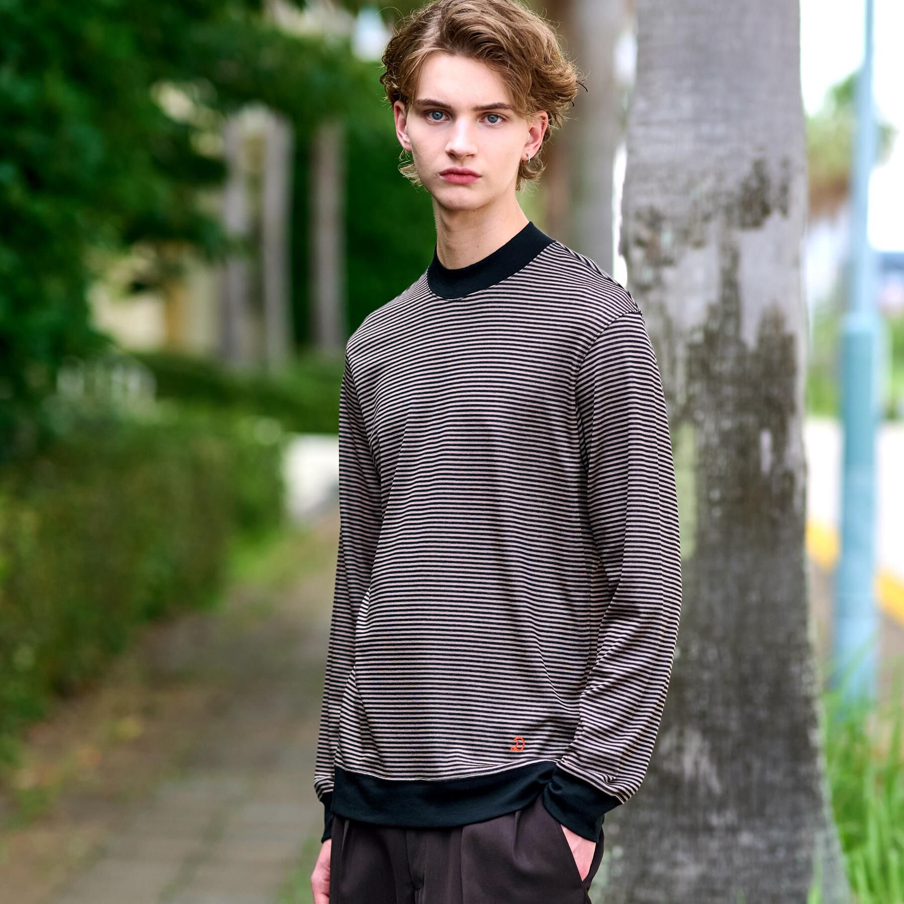 DRESSTERIOR「モックネック ボーダーカットソー」|Tシャツ・カットソー|モカブラウン(342