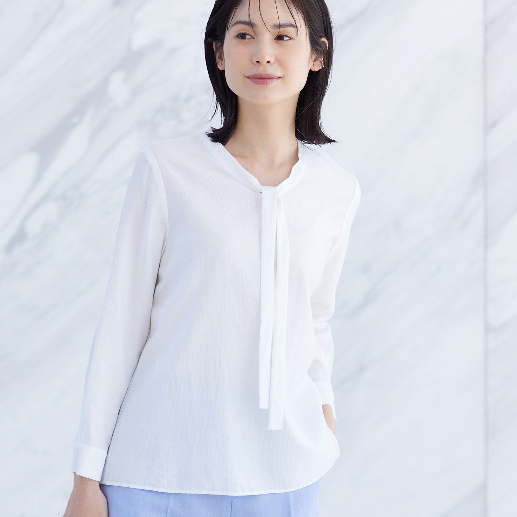 INDIVI「【洗える】ストライプドビー ボウタイブラウス」|シャツ・ブラウス|