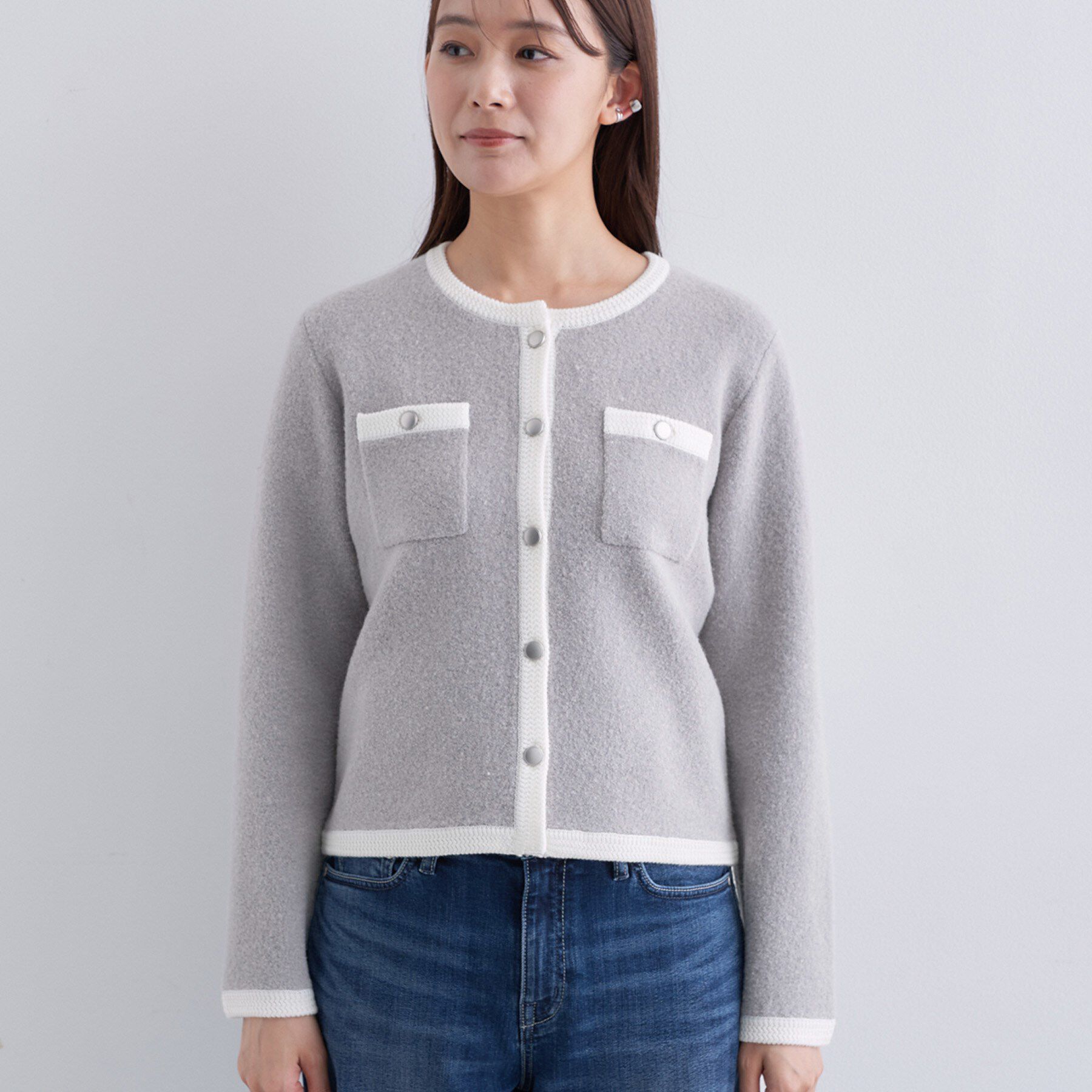 INDIVI「【ミニブークレ素材】ジャケットライクカーディガン」|カーディガン|