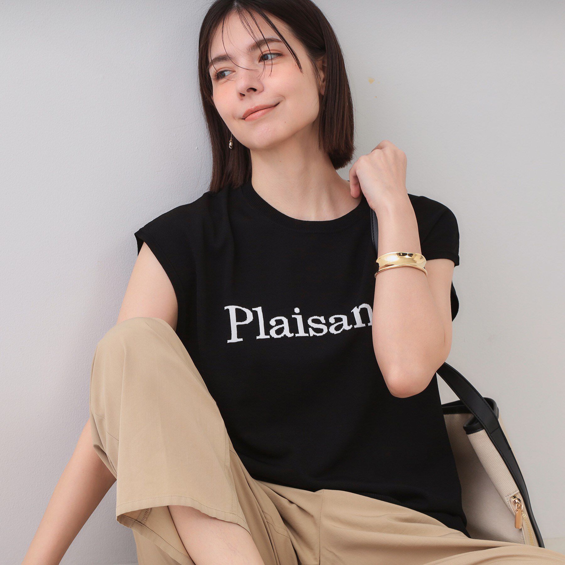 OPAQUE.CLIP「ロゴフレンチスリーブニット【洗濯機洗い可/UV/接触冷感/抗ピル】」|ニット・セーター|ブラック(019)