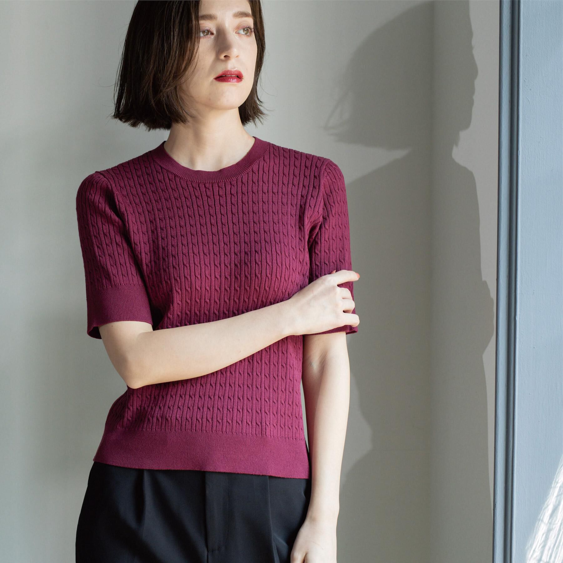 OPAQUE.CLIP「ケーブルハーフスリーブニット【UVケア/洗濯機OK】《6col/S～LL》」|ニット・セーター|ボルドー(064)