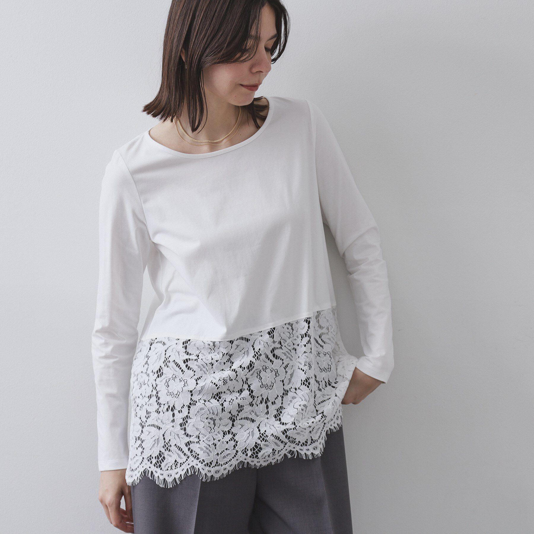 OPAQUE.CLIP「裾レースカットソー【洗濯機OK】」|Tシャツ・カットソー|ホワイト(001)