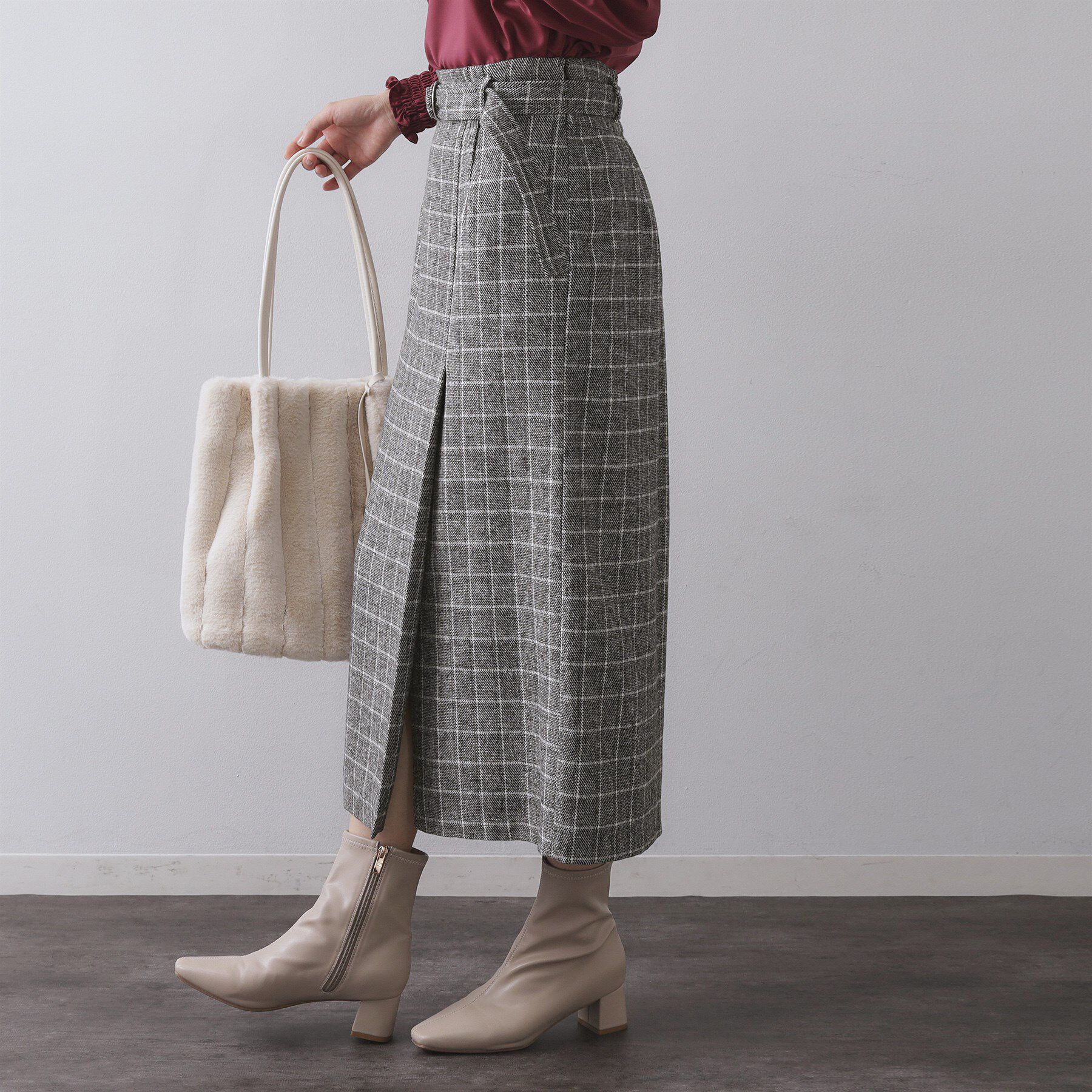 OPAQUE.CLIP「チェックツイード ラップ風ナロースカート【洗濯機OK】」|スカート|