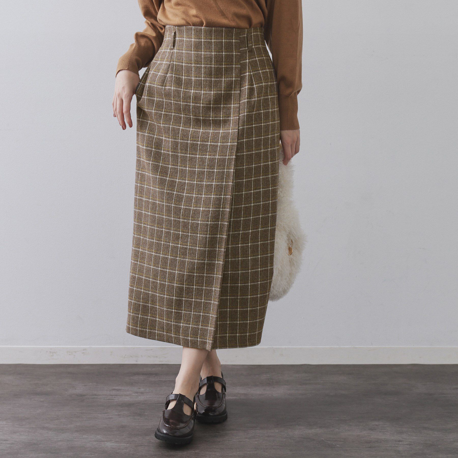 OPAQUE.CLIP「チェックツイード ラップ風ナロースカート【洗濯機OK】」|スカート|