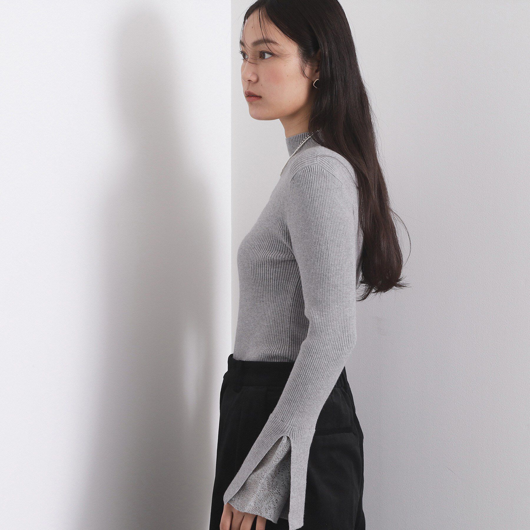 OPAQUE.CLIP「レースフレアハイネックリブニット【洗濯機OK】」|ニット・セーター|