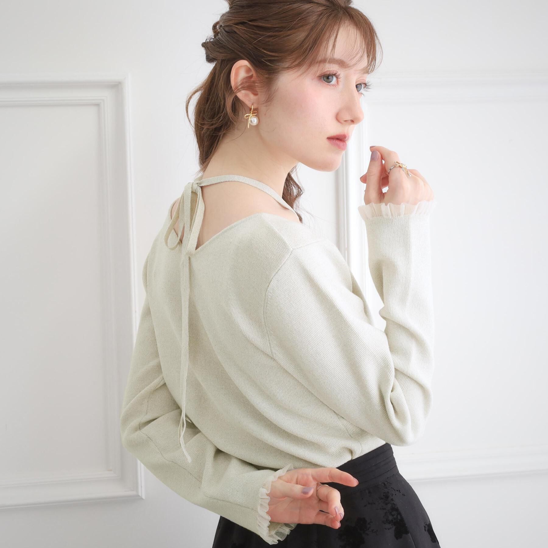 Couture broach「【大人可愛い・リボン取り外し可】前後2WAYラメリブ シアープチフリルニット」|ニット・セーター|
