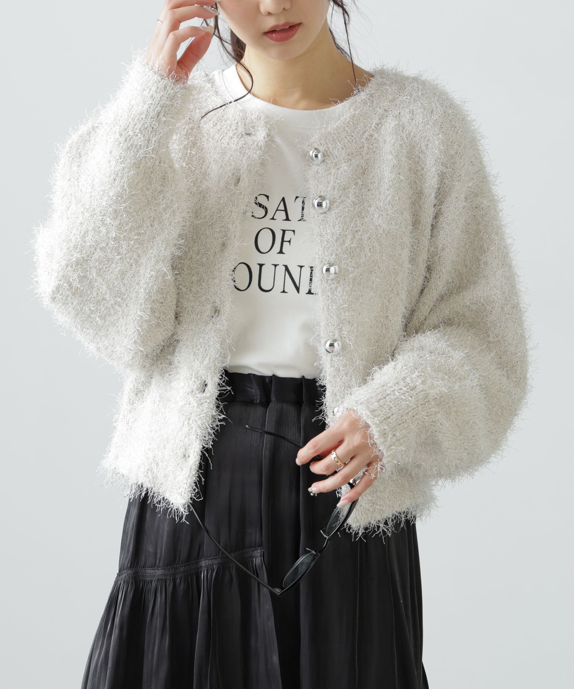  「ラメフェザーカーディガン」|ニット・セーター|オフホワイト