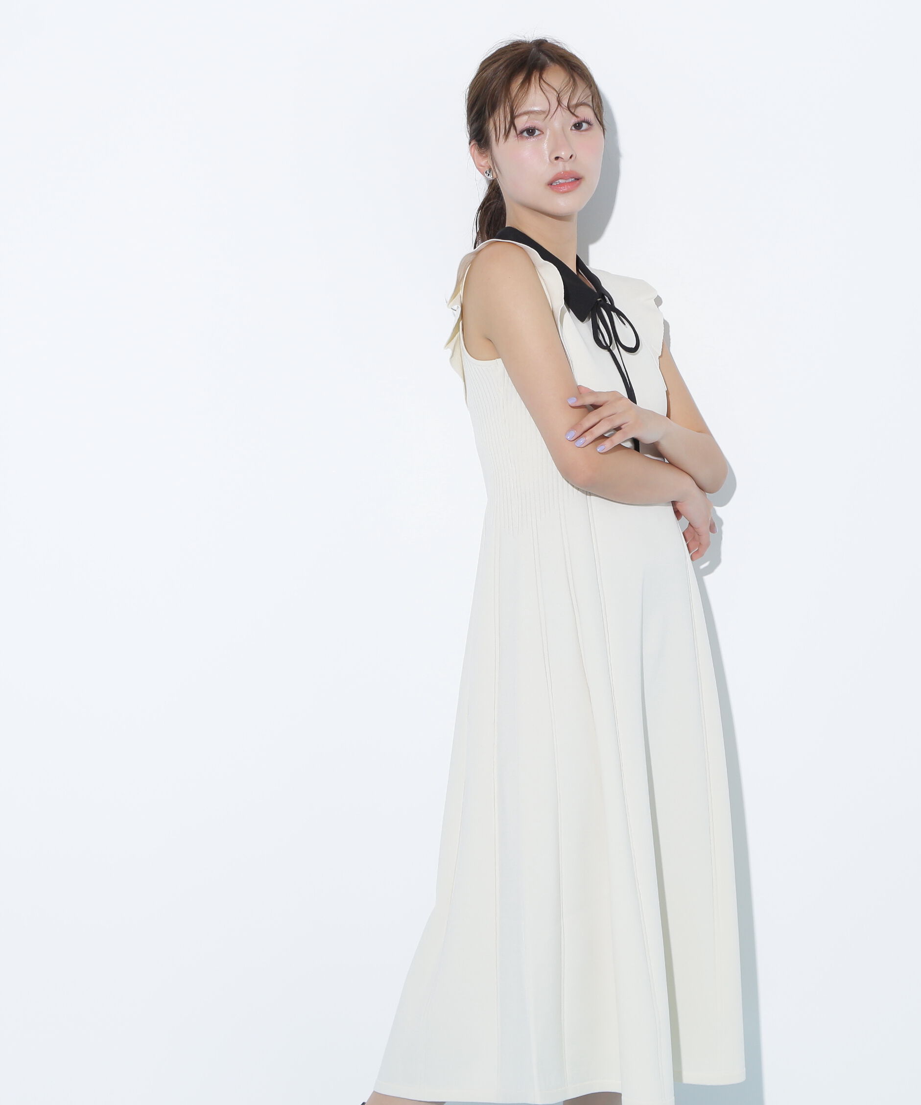  「コルセットリブ襟付きニットワンピース」|ワンピース|