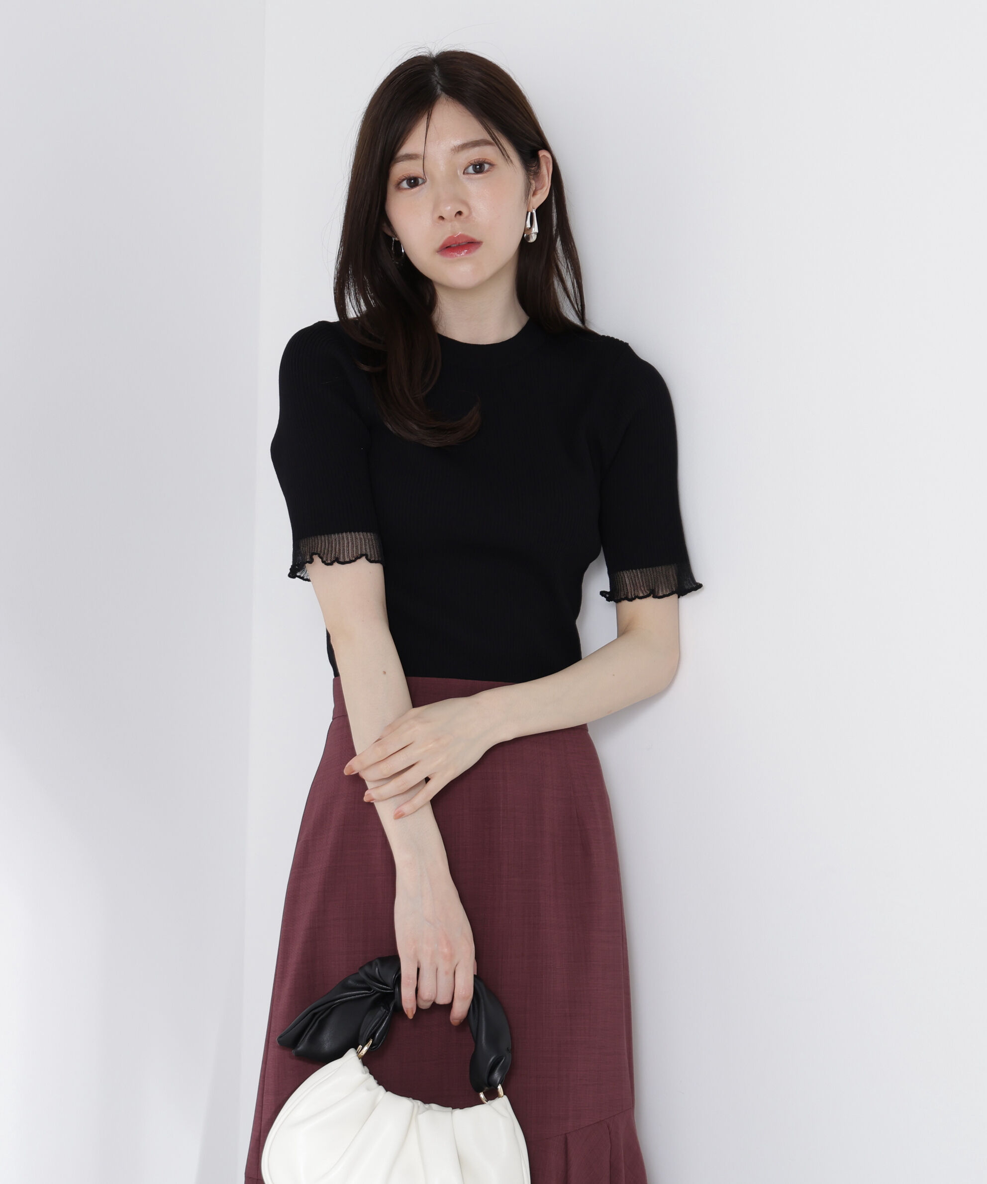 PROPORTION BODY DRESSING「部分シアー半袖リブニット」|ニット・セーター|ブラック