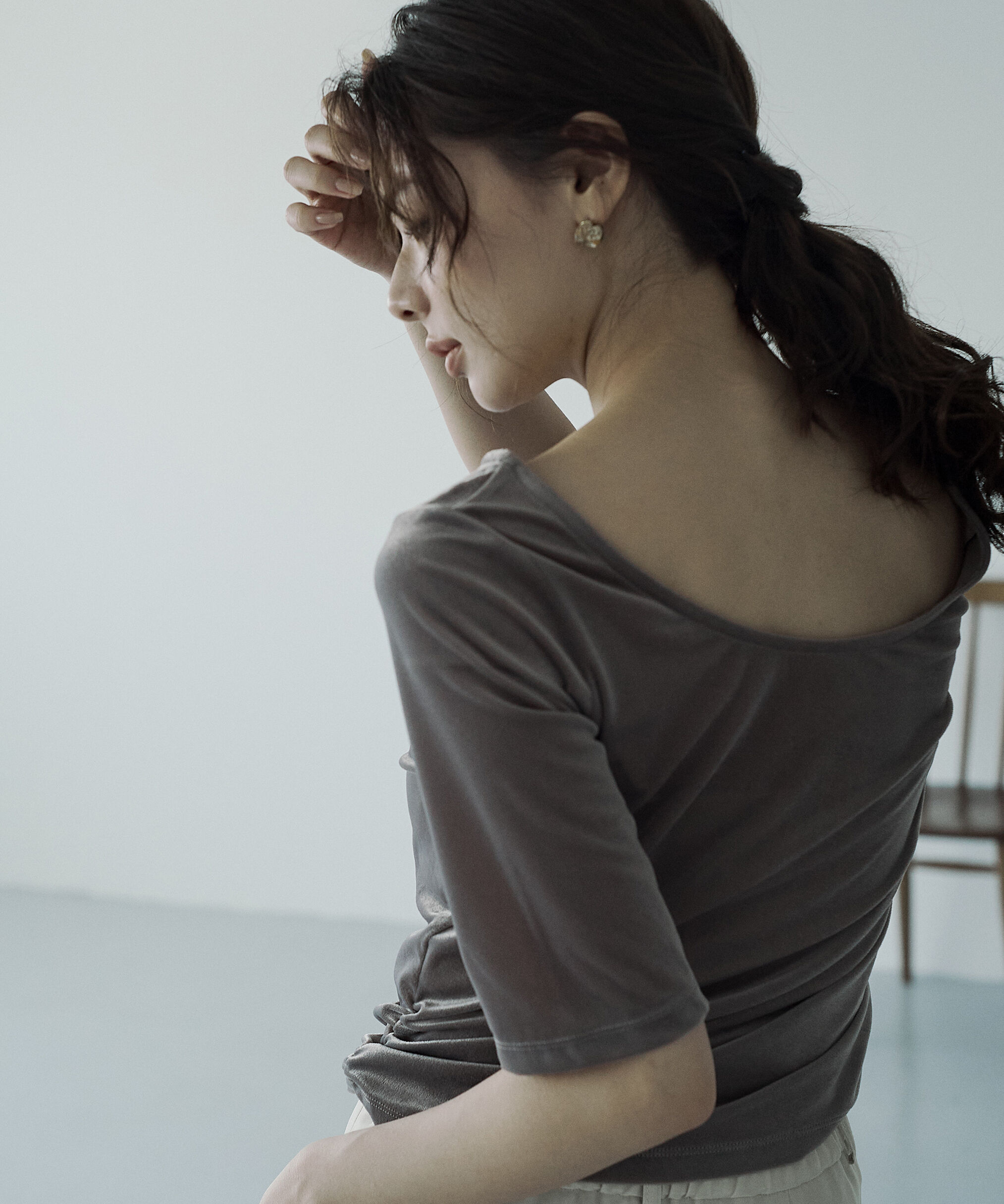 PROPORTION BODY DRESSING「＜ハンドウォッシャブル＞シアーベロア5分袖トップス」|Tシャツ・カットソー|グレー