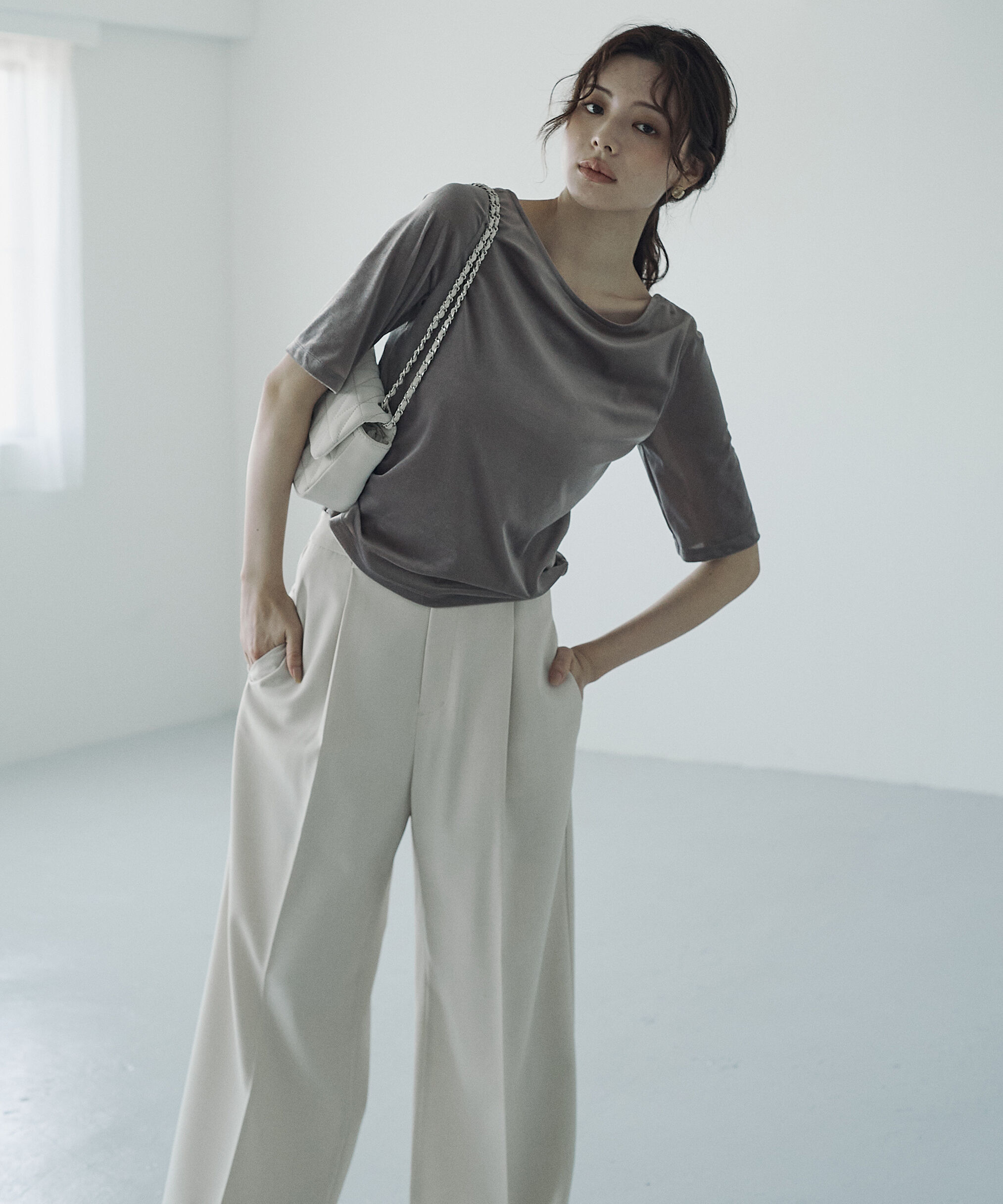 PROPORTION BODY DRESSING「＜ハンドウォッシャブル＞シアーベロア5分袖トップス」|Tシャツ・カットソー|