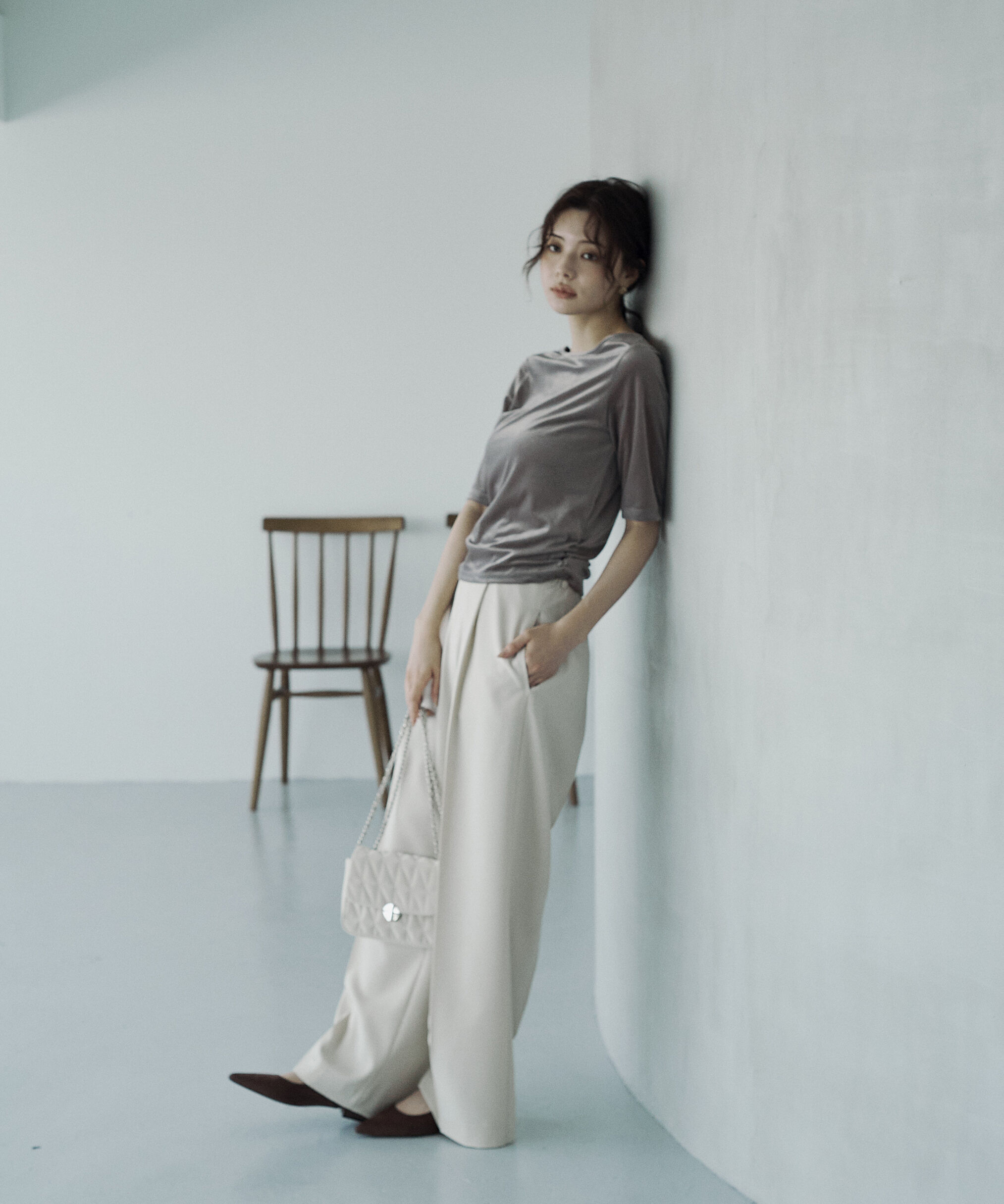 PROPORTION BODY DRESSING「＜ハンドウォッシャブル＞シアーベロア5分袖トップス」|Tシャツ・カットソー|