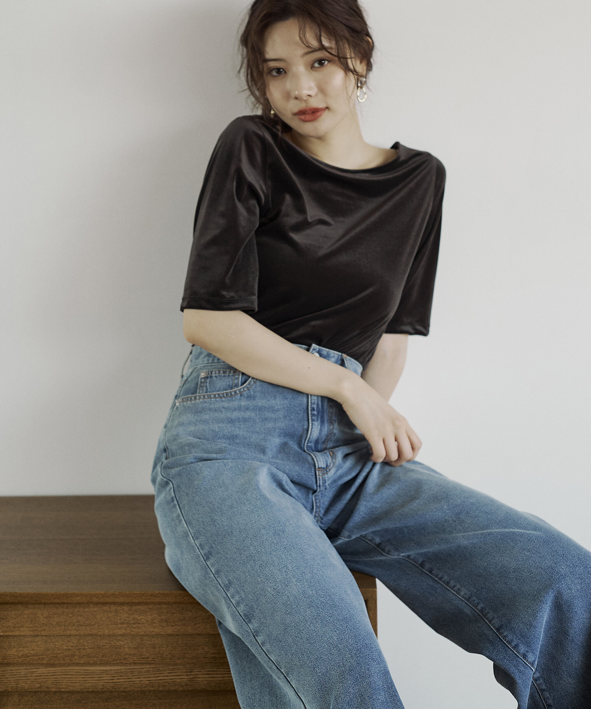 PROPORTION BODY DRESSING「＜ハンドウォッシャブル＞シアーベロア5分袖トップス」|Tシャツ・カットソー|チャコール2