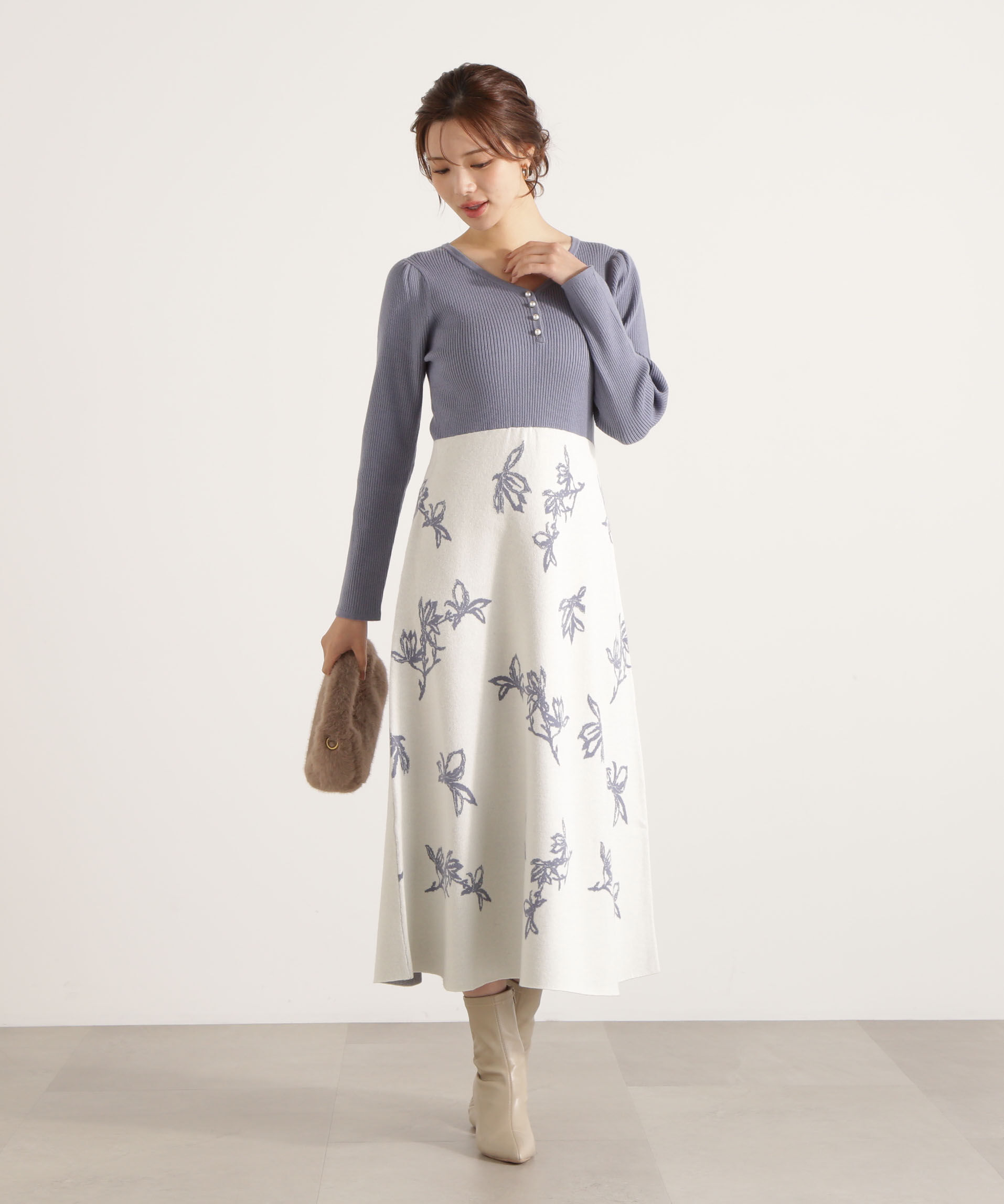 PROPORTION BODY DRESSING「花柄ジャガードニットワンピース 25AW」|ワンピース|ブルー&times;エクリ