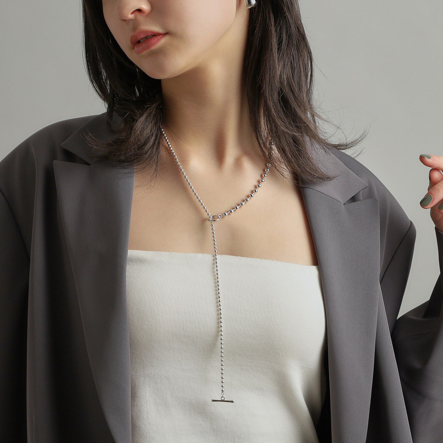 COCOSHNIK ONKITSCH「シルバー ミックスネックレス ボールチェーンマンテル」|ネックレス|