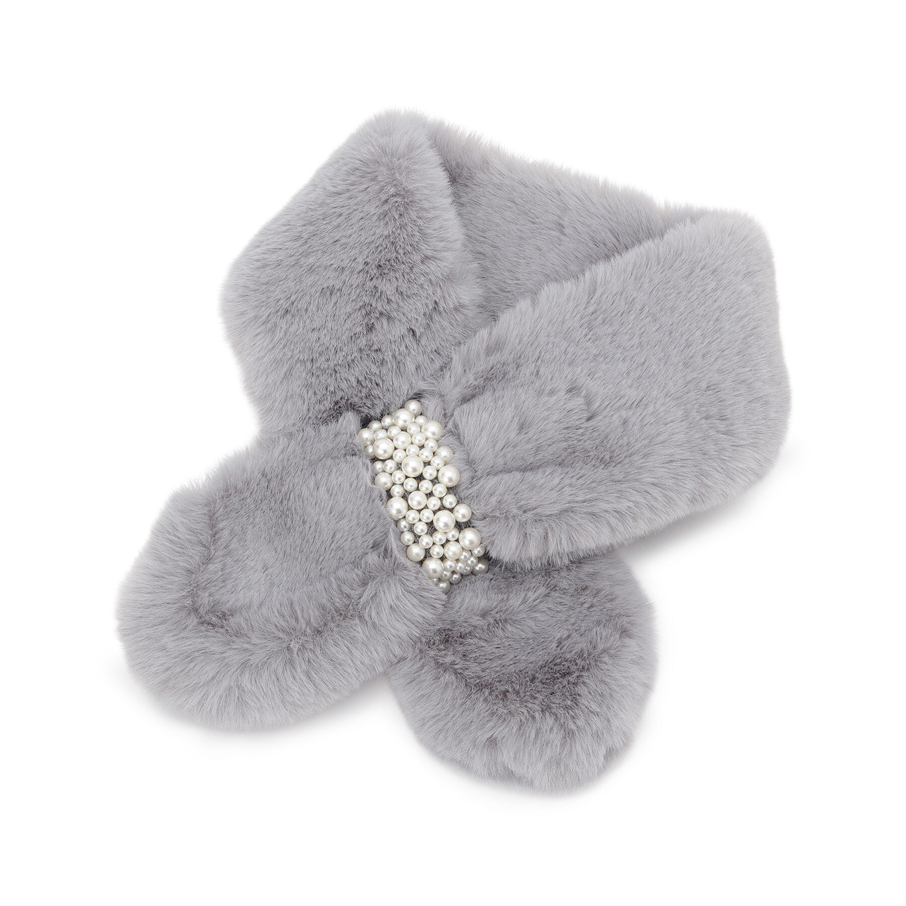 SHOO･LA･RUE「フェイクパール付きフェイクファーティペット」|ストール|グレー(012)