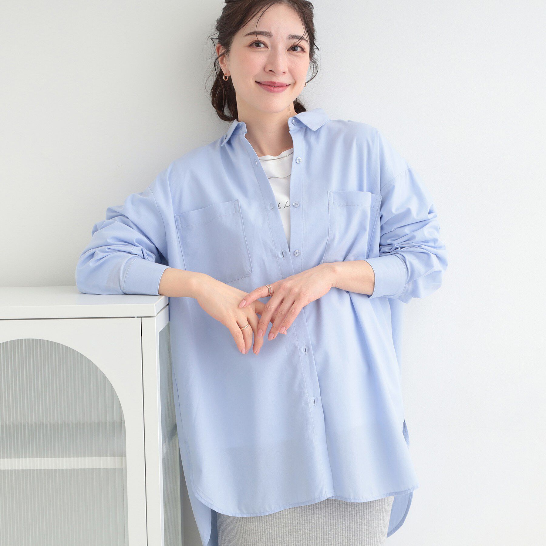 SHOO･LA･RUE「【体型カバー】バックギャザーで魅せる オーバーサイズシャツ」|シャツ・ブラウス|ブルー(091)