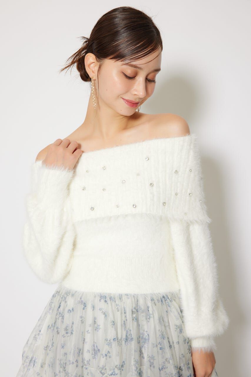 rienda「オフショルビジューシャギーニットトップス」|ニット・セーター|