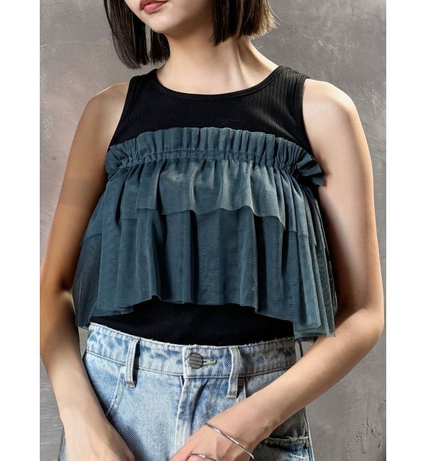 MURUA「チュールフリルレイヤードタンクトップ」|タンクトップ|ブラック