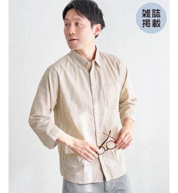 ikka「【雑誌MonoMax5月号掲載】【吸水速乾】7分袖イージーケアリネン無地シャツ」|シャツ・ブラウス|ベージュ