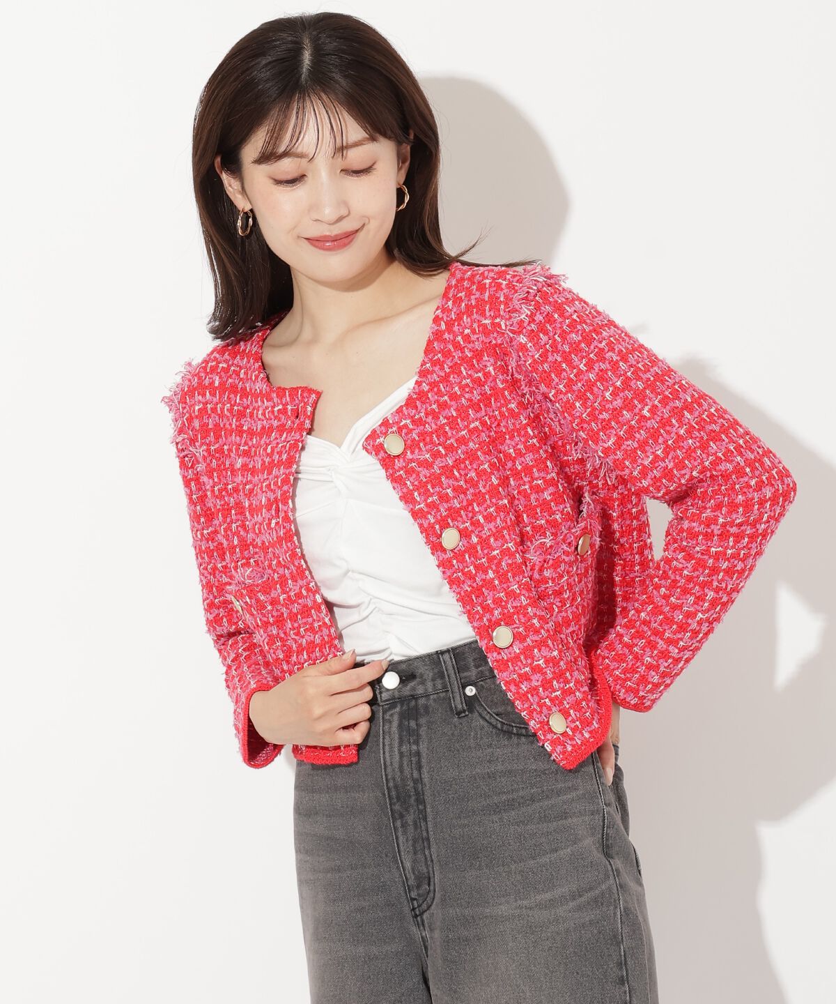 アンドクチュール「フリンジニットツイードカーディガン」|その他|レッド