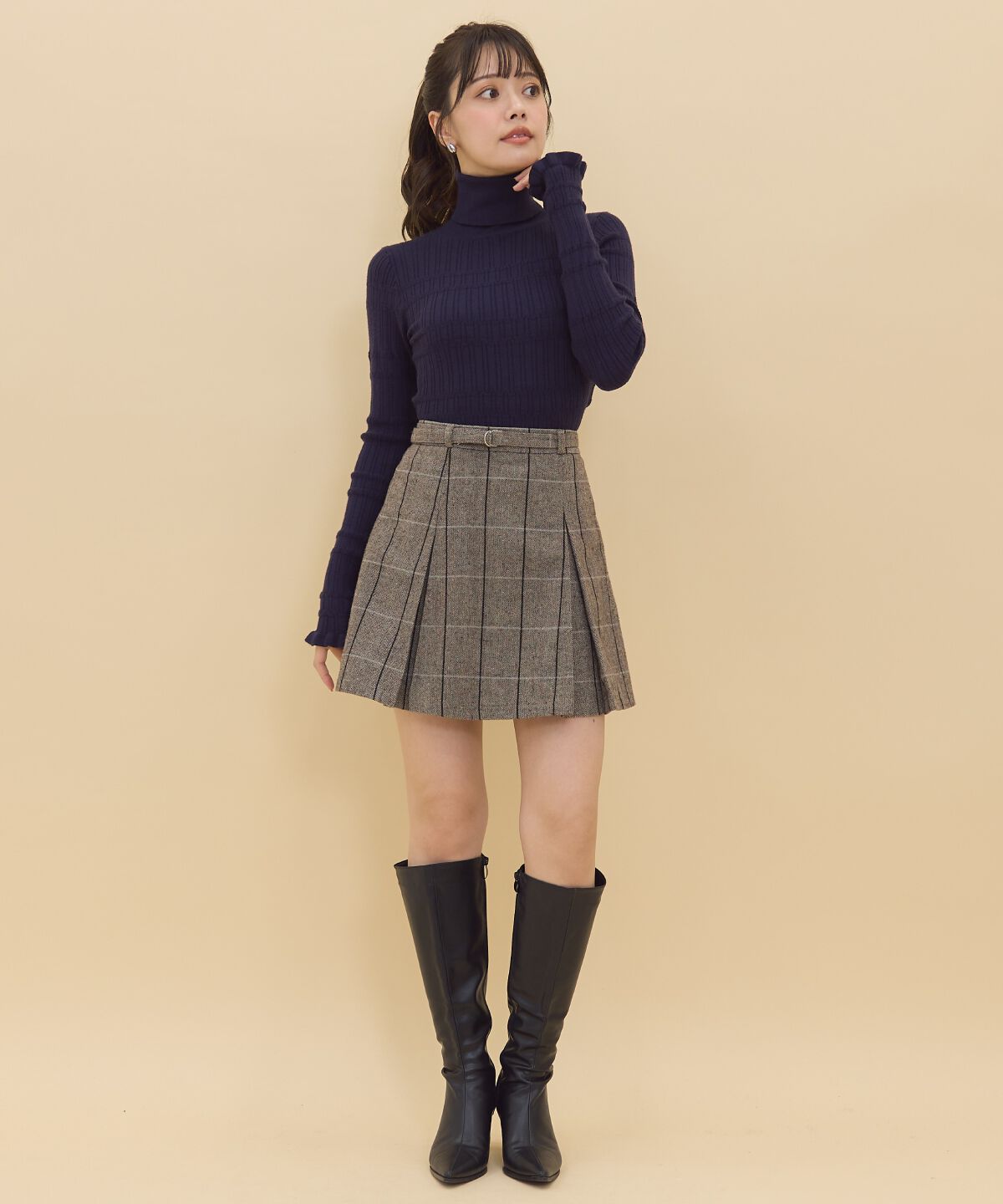 REDYAZEL「ヘリンボーンチェックタックミニスカート」|フレア|