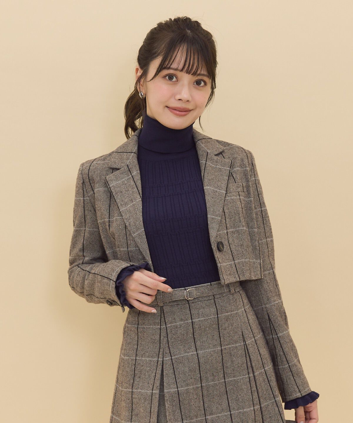 REDYAZEL「ヘリンボーンチェックテーラーショートジャケット」|テーラードジャケット|ブラウン