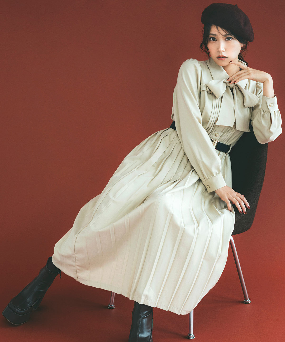 REDYAZEL「プリーツボウタイシャツロングワンピース」|ワンピース|ベージュ