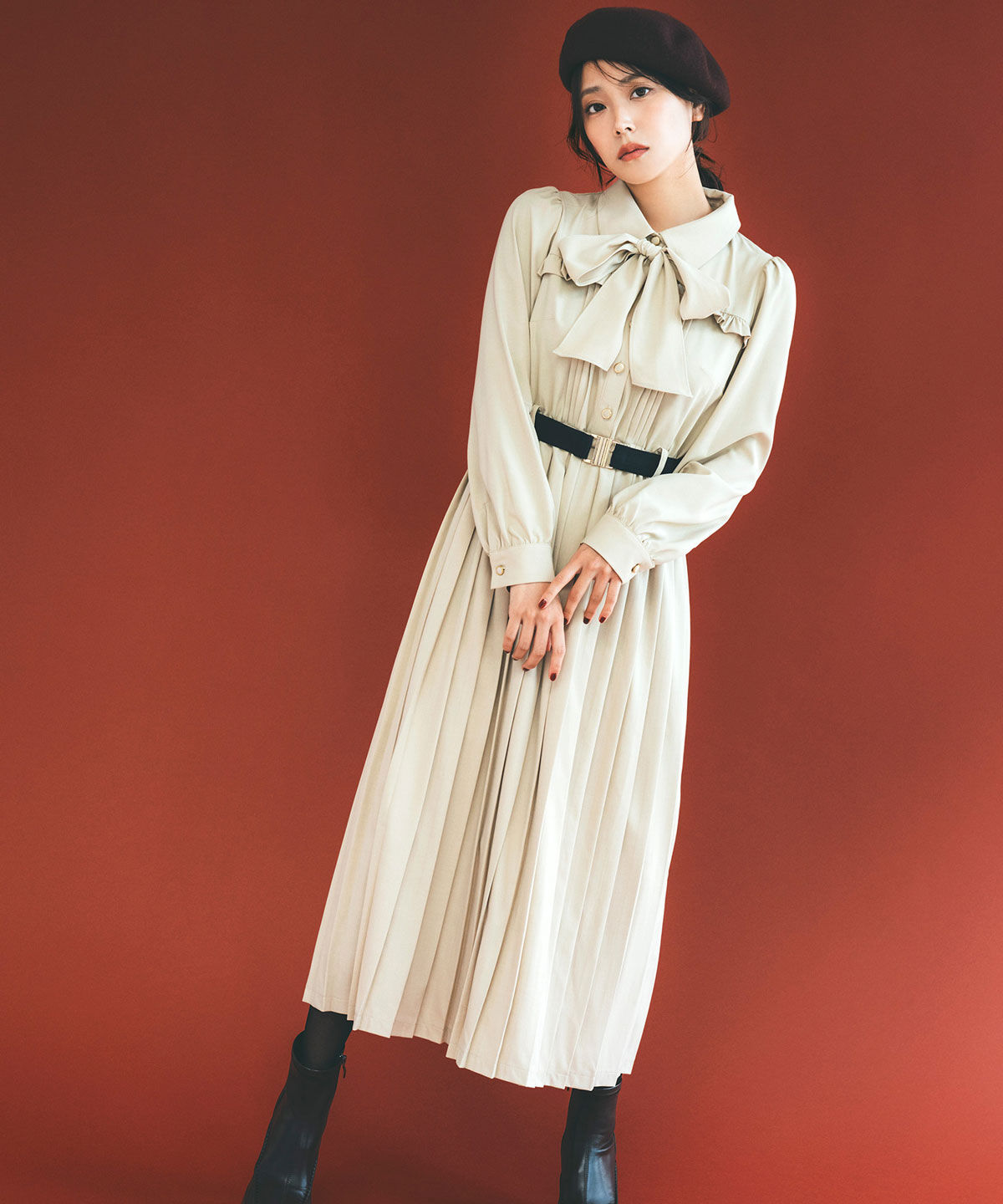 REDYAZEL「プリーツボウタイシャツロングワンピース」|ワンピース|